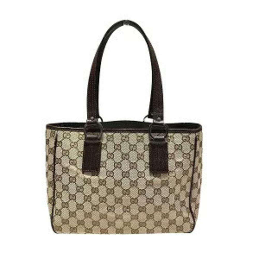 Gucci GG canvas tote bag brown dark leather trim